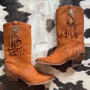 Zodiac brown suede with silver + gold heart details cowboy boots 7.5M